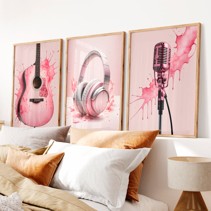 Pink Music pink retro wall art - Natural Wood Framed Poster No Border - Artworksets