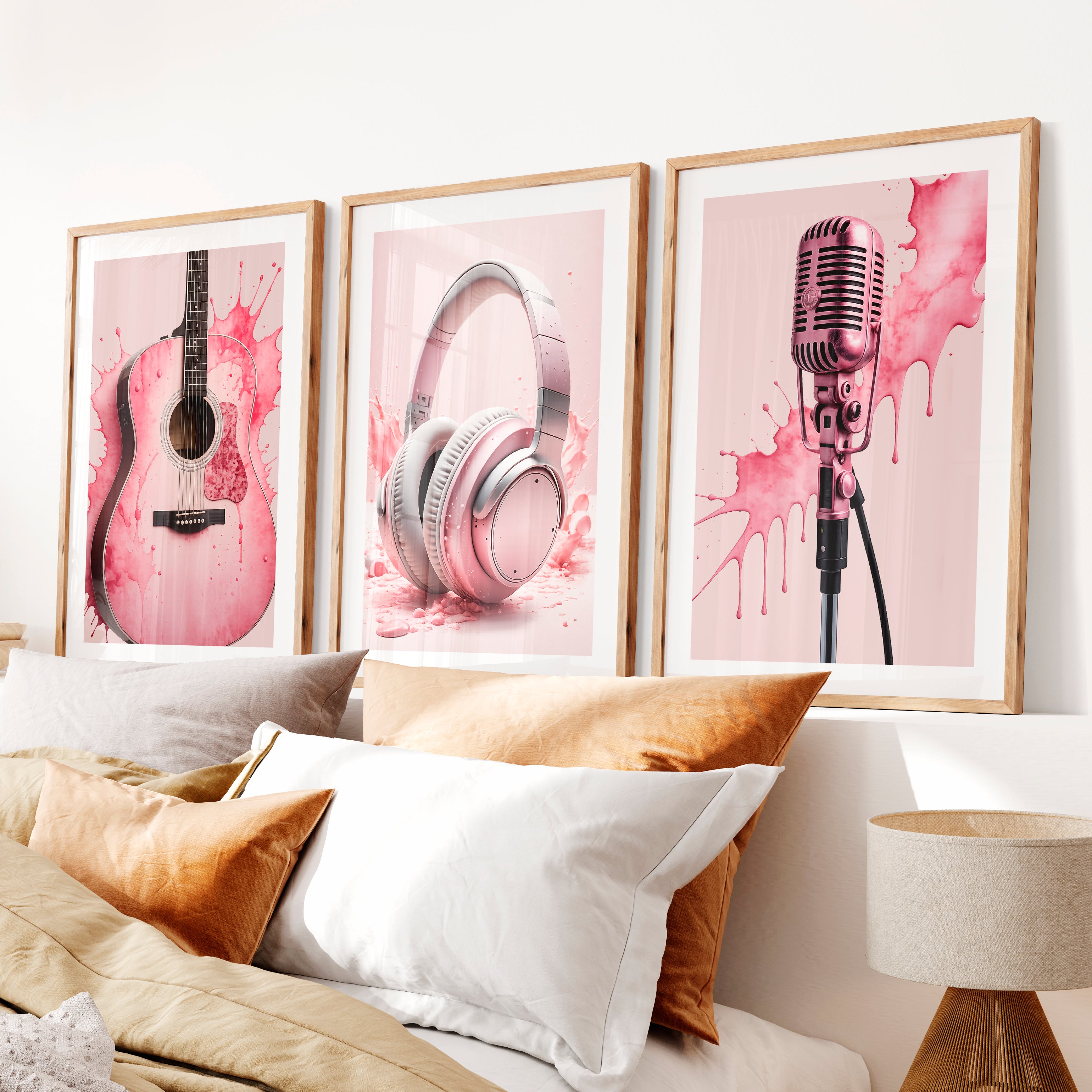 Pink Music pink retro wall art- Natural Wood Framed Poster with White Border - Artworksets