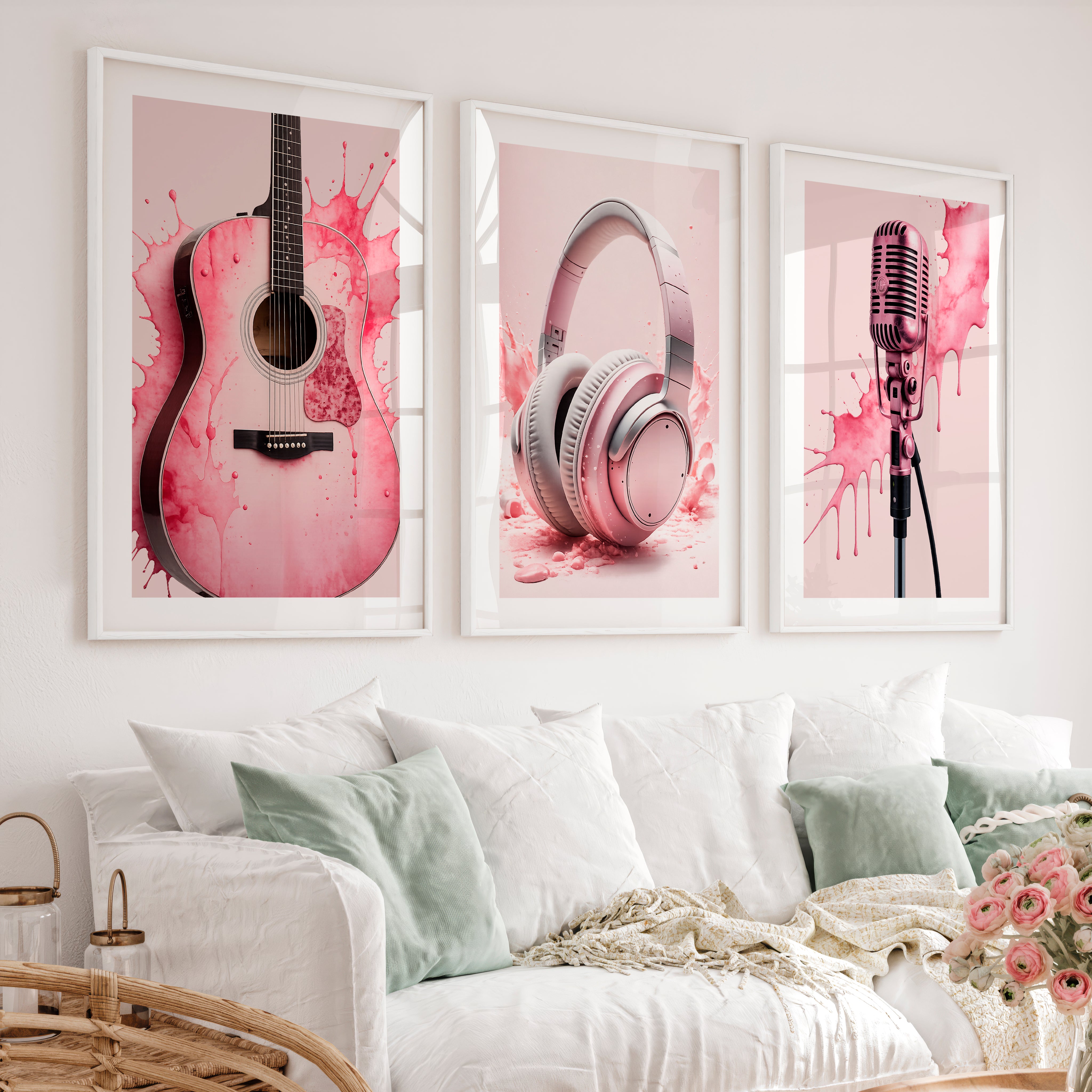 Pink Music pink retro wall art - White Framed Poster with White Border - Artworksets