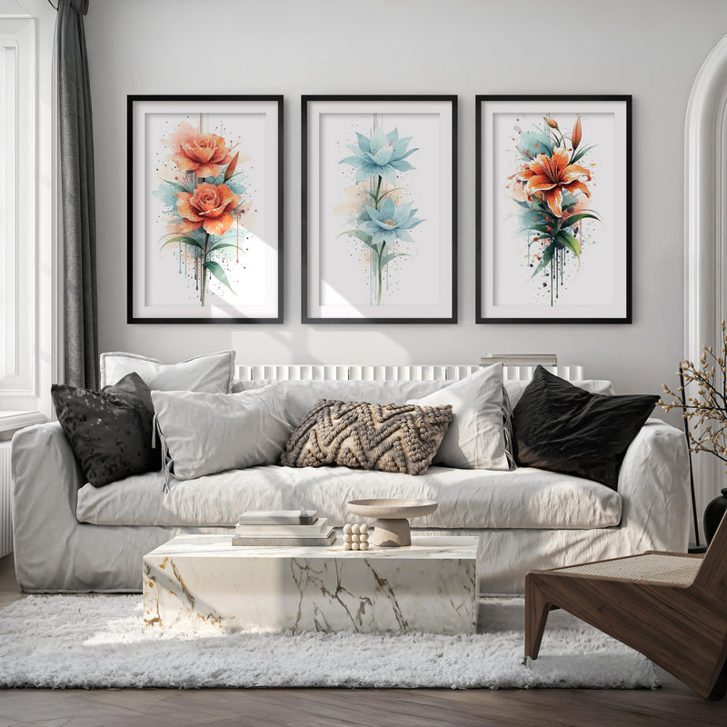 Poster Botanical – Watercolor Flowers Set of 3
 - Black Framed Poster with White Border - Artworksets