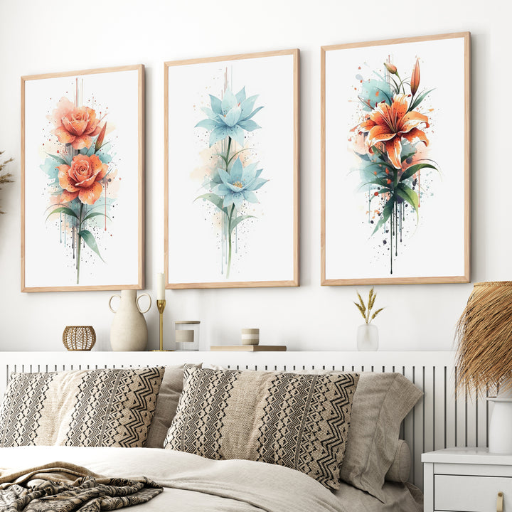 Poster Botanical – Watercolor Flowers Set of 3
 - Natural Wood Framed Poster No Border - Artworksets