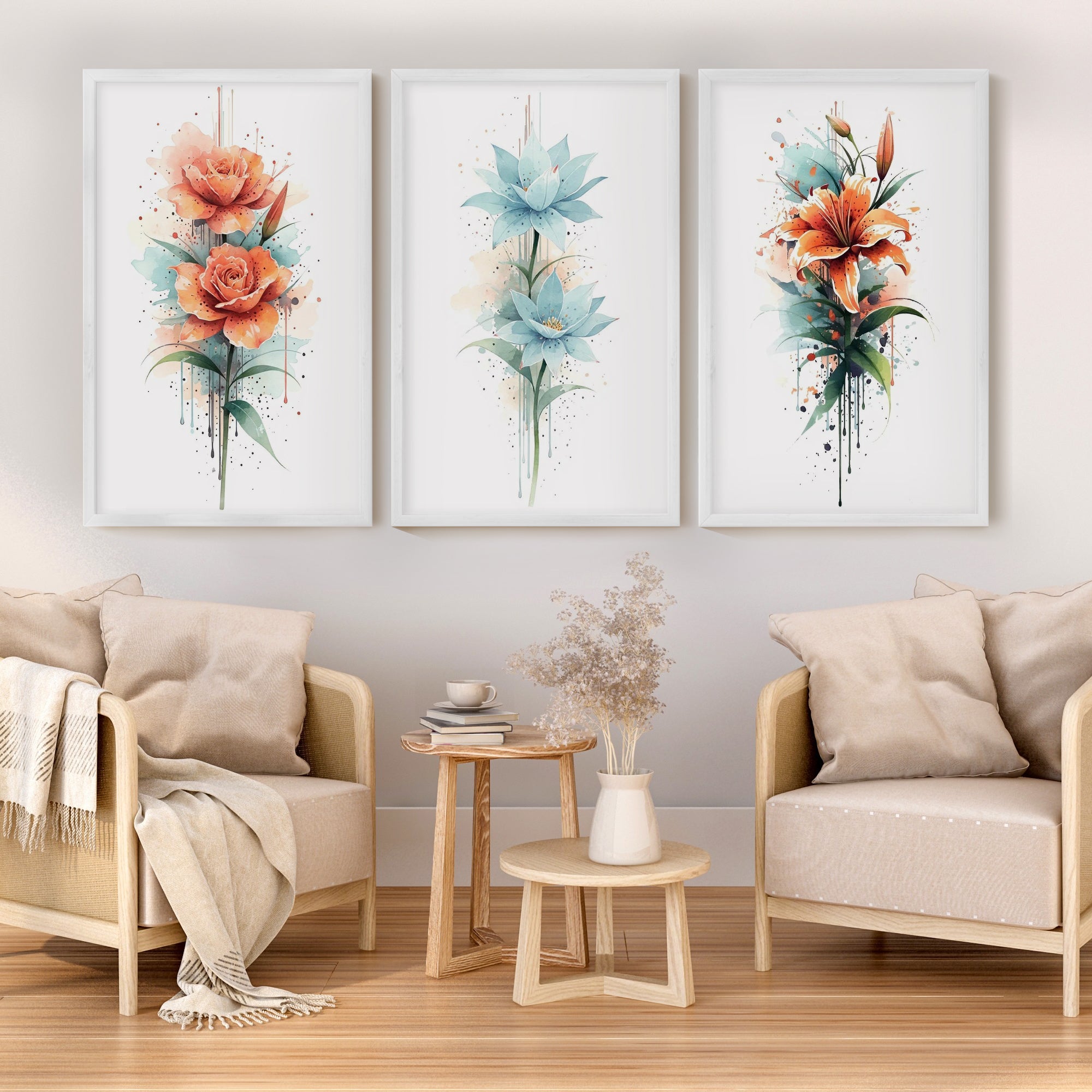Poster Botanical – Watercolor Flowers Set of 3
 - White Framed Poster No Border - Artworksets