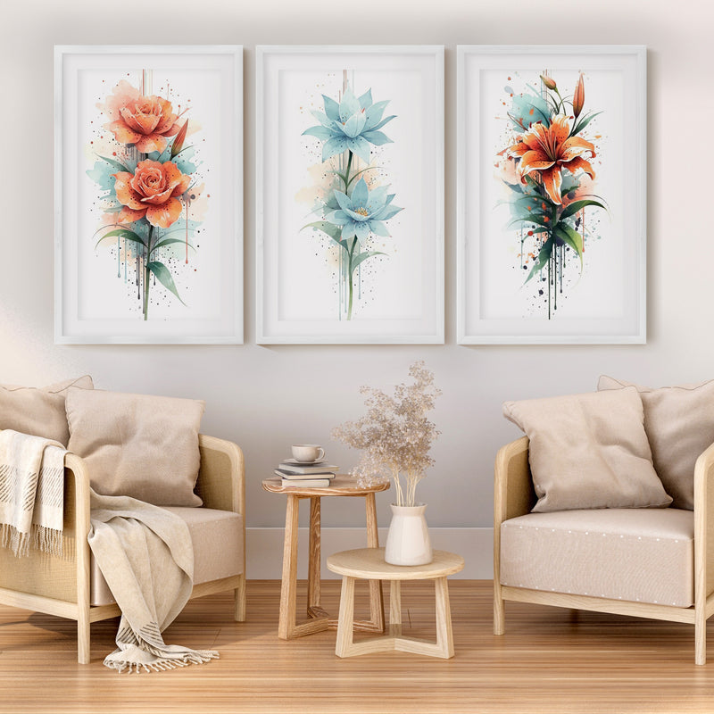 Poster Botanical – Watercolor Flowers Set of 3
 - White Framed Poster with White Border - Artworksets