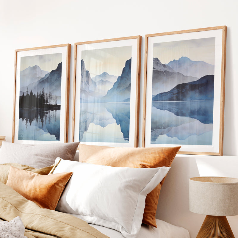 Misty Twin Peaks Poster Japandi- Natural Wood Framed Poster with White Border - Artworksets