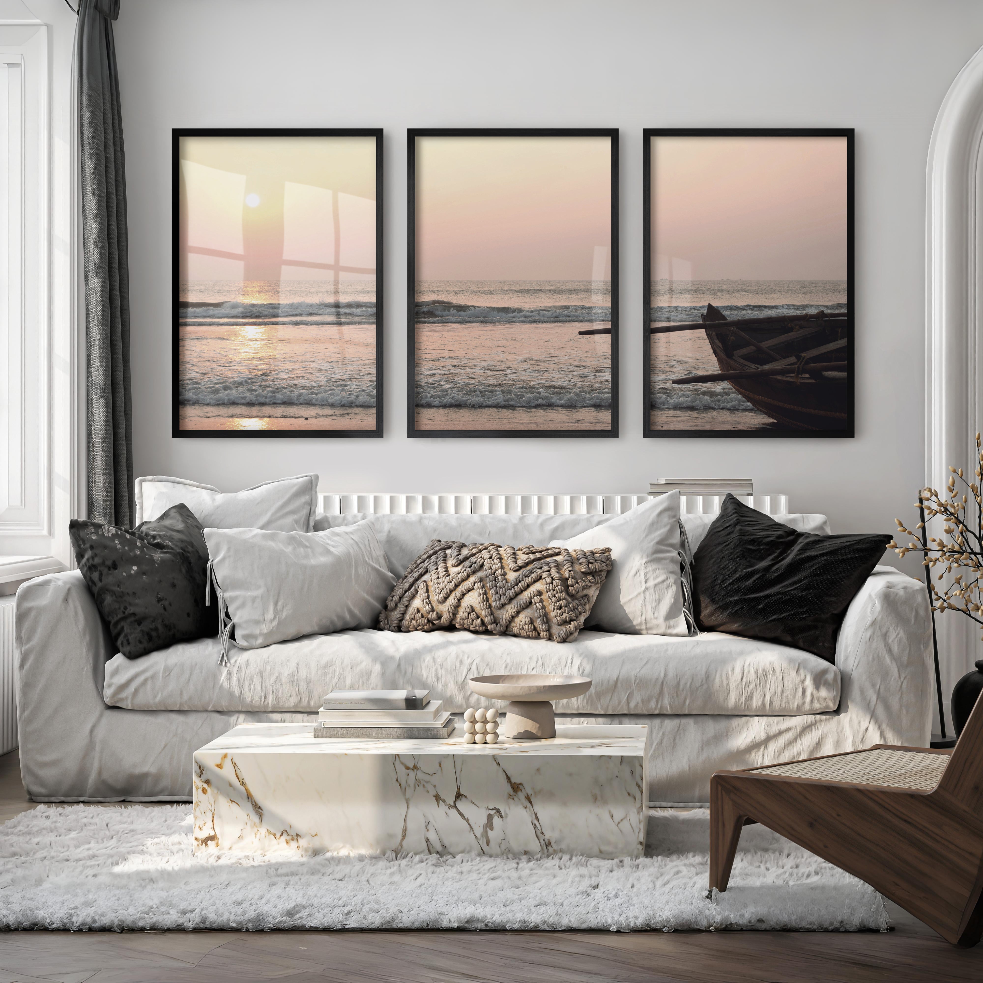 Sunset Boat poster of sea - Black Framed Poster No Border - Artworksets