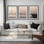 Sunset Boat poster of sea - Black Framed Poster with White Border - Artworksets