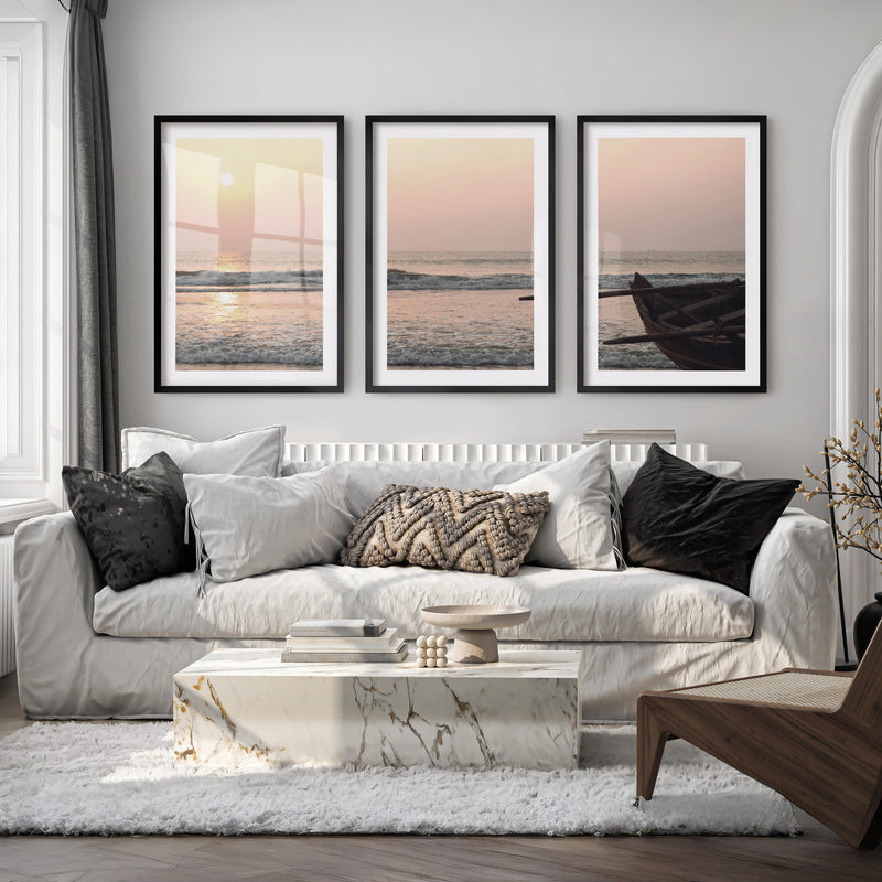 Sunset Boat poster of sea - Black Framed Poster with White Border - Artworksets