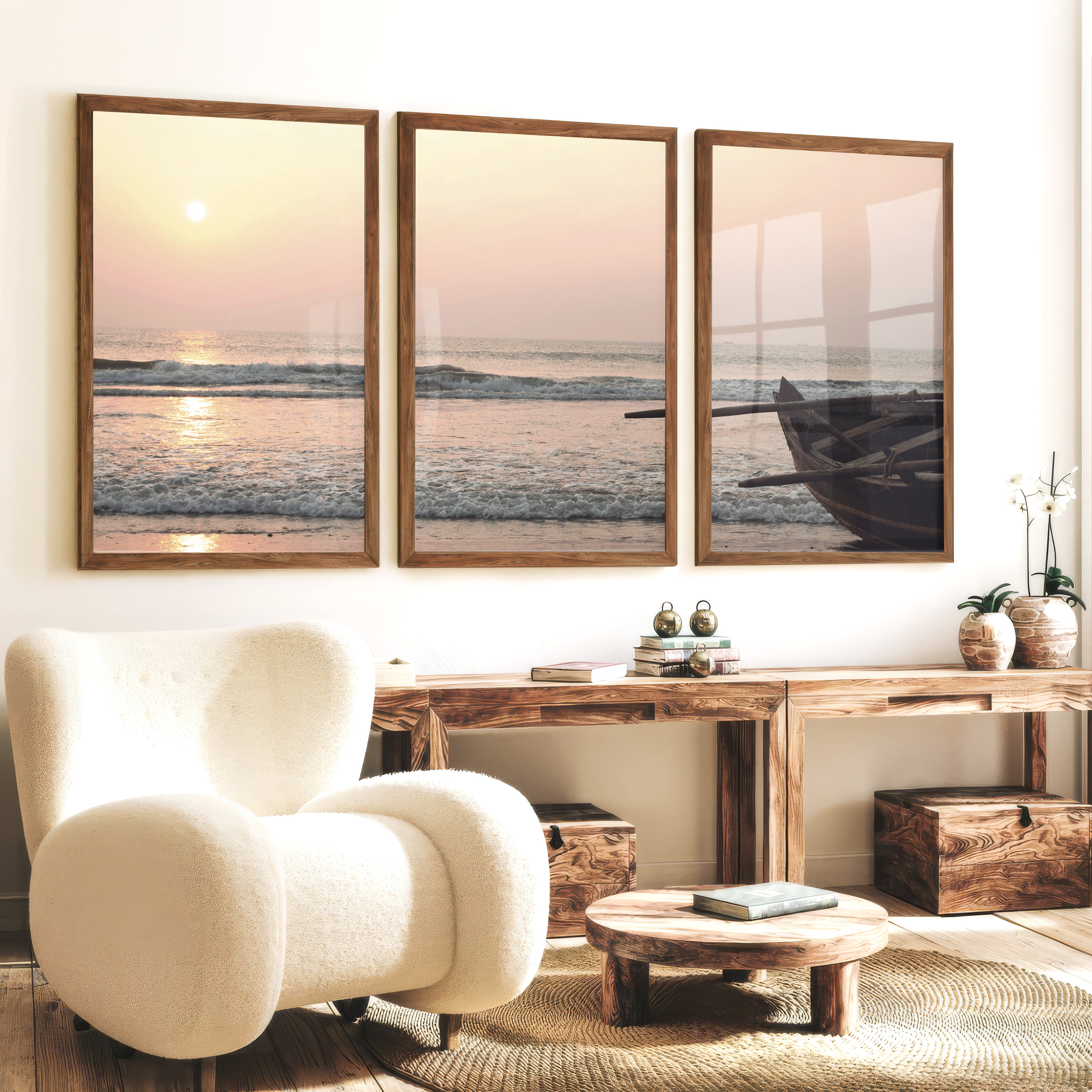Sunset Boat poster of sea - Dark Brown Framed Poster No Border - Artworksets
