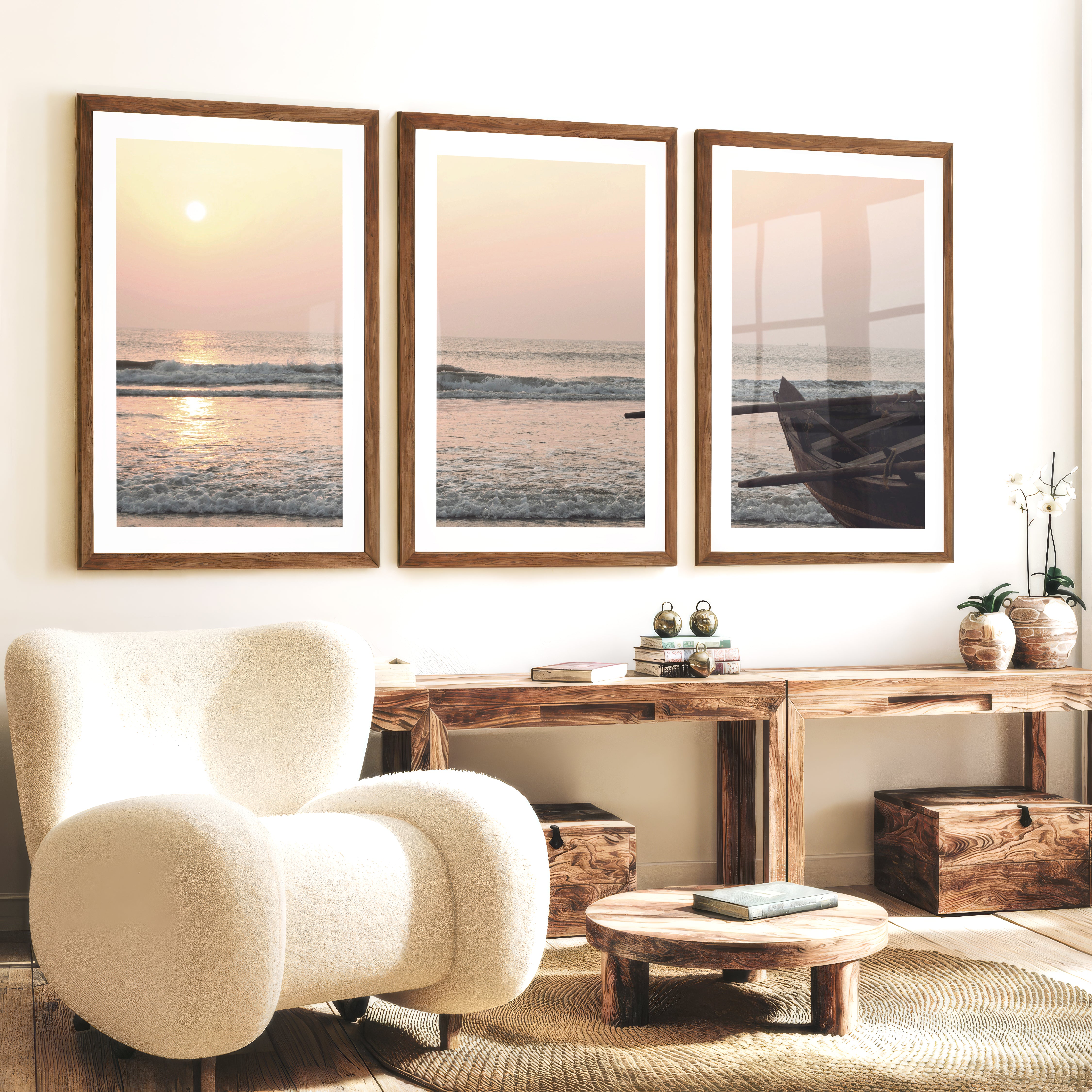 Sunset Boat poster of sea - Dark Brown Framed Poster with White Border - Artworksets