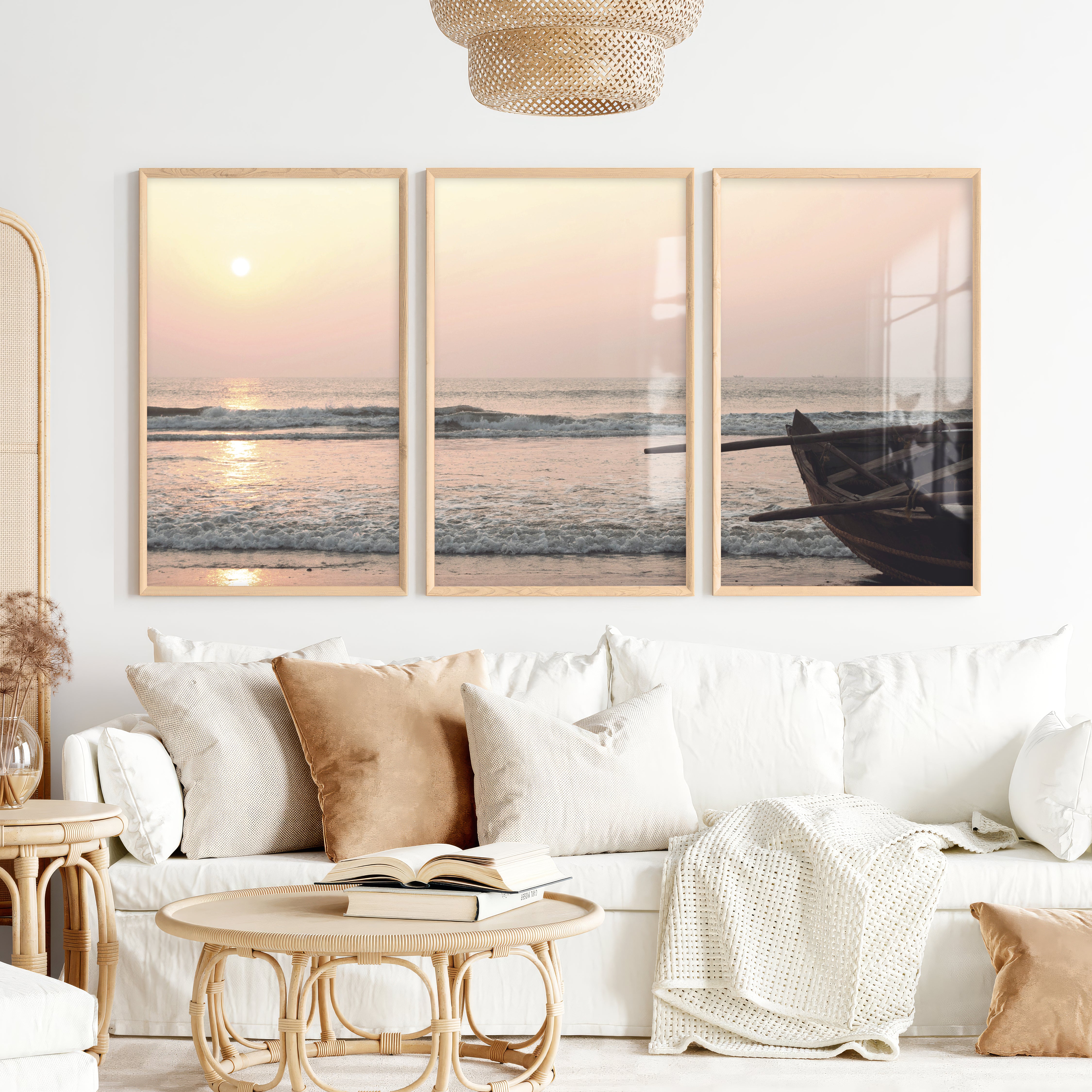 Sunset Boat poster of sea - Natural Wood Framed Poster No Border - Artworksets