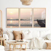 Sunset Boat poster of sea - Natural Wood Framed Poster No Border - Artworksets