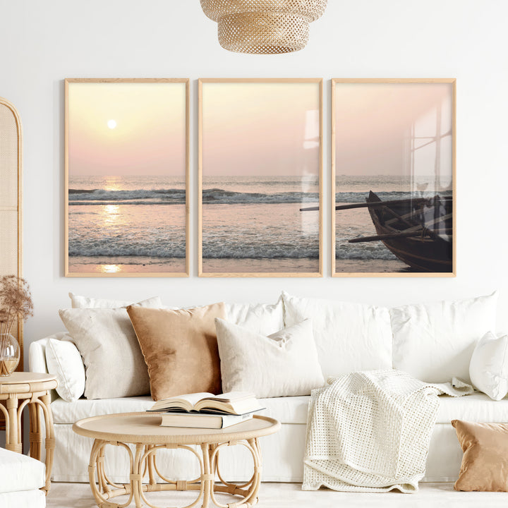 Sunset Boat poster of sea - Natural Wood Framed Poster No Border - Artworksets