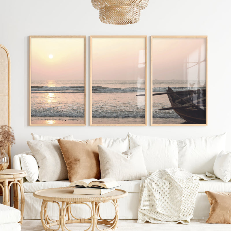 Sunset Boat poster of sea - Natural Wood Framed Poster No Border - Artworksets