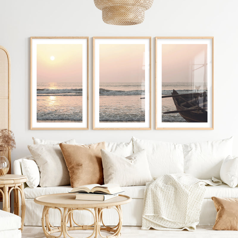 Sunset Boat poster of sea- Natural Wood Framed Poster with White Border - Artworksets