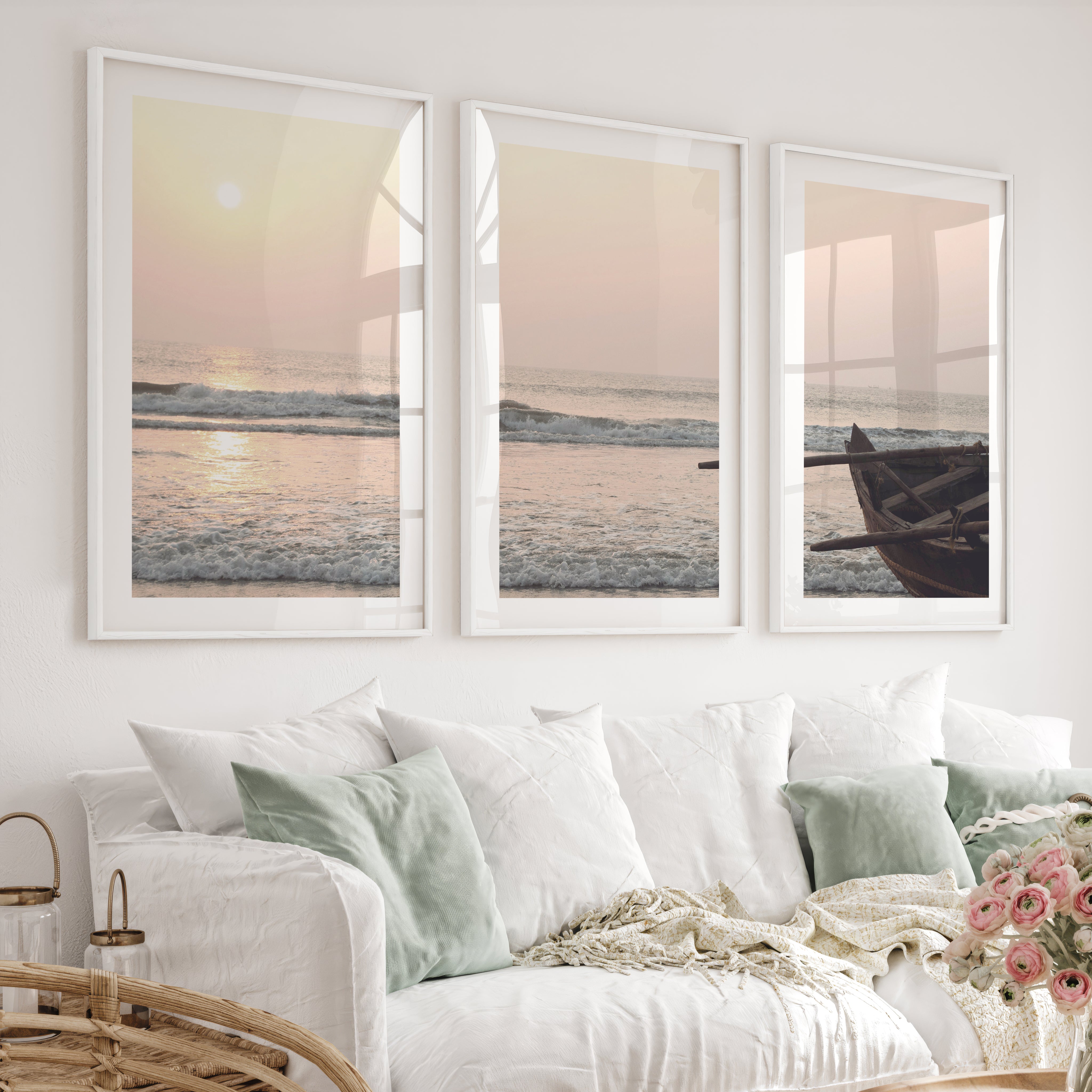 Sunset Boat poster of sea - White Framed Poster with White Border - Artworksets