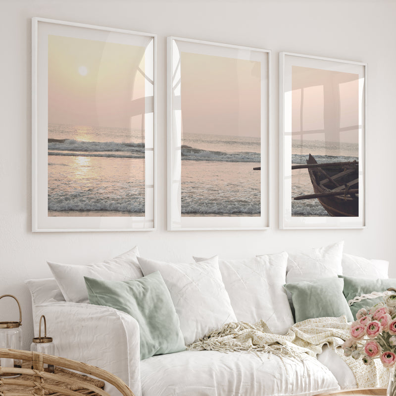 Sunset Boat poster of sea - White Framed Poster with White Border - Artworksets
