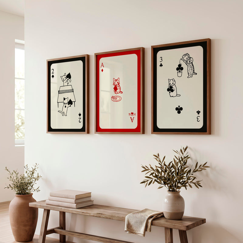 Poster Retro Vintage Cat Playing Cards - Dark Brown Framed Poster No Border - Artworksets