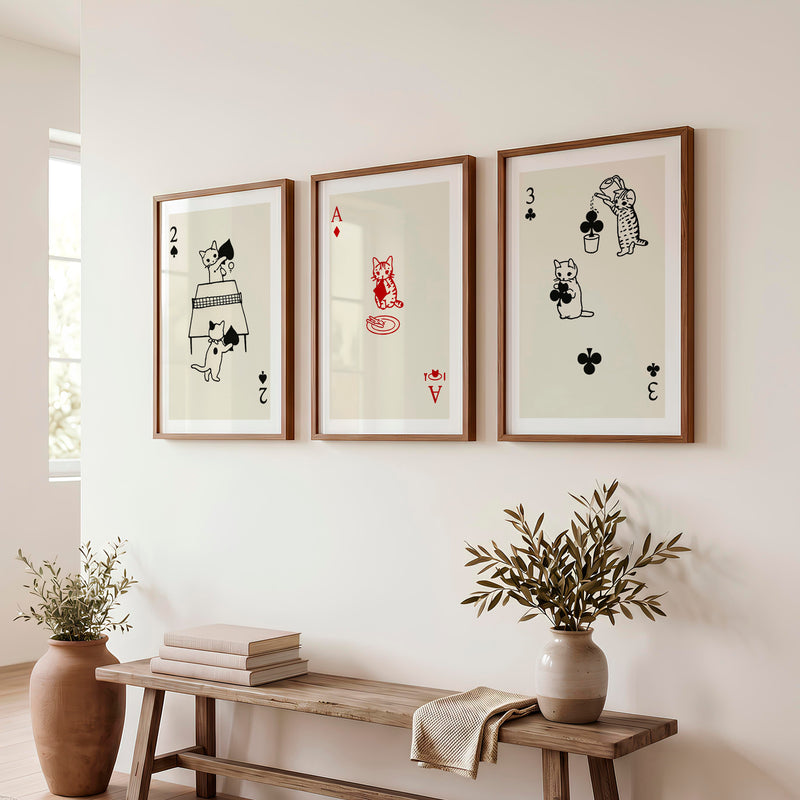 Poster Retro Vintage Cat Playing Cards - Dark Brown Framed Poster with White Border - Artworksets