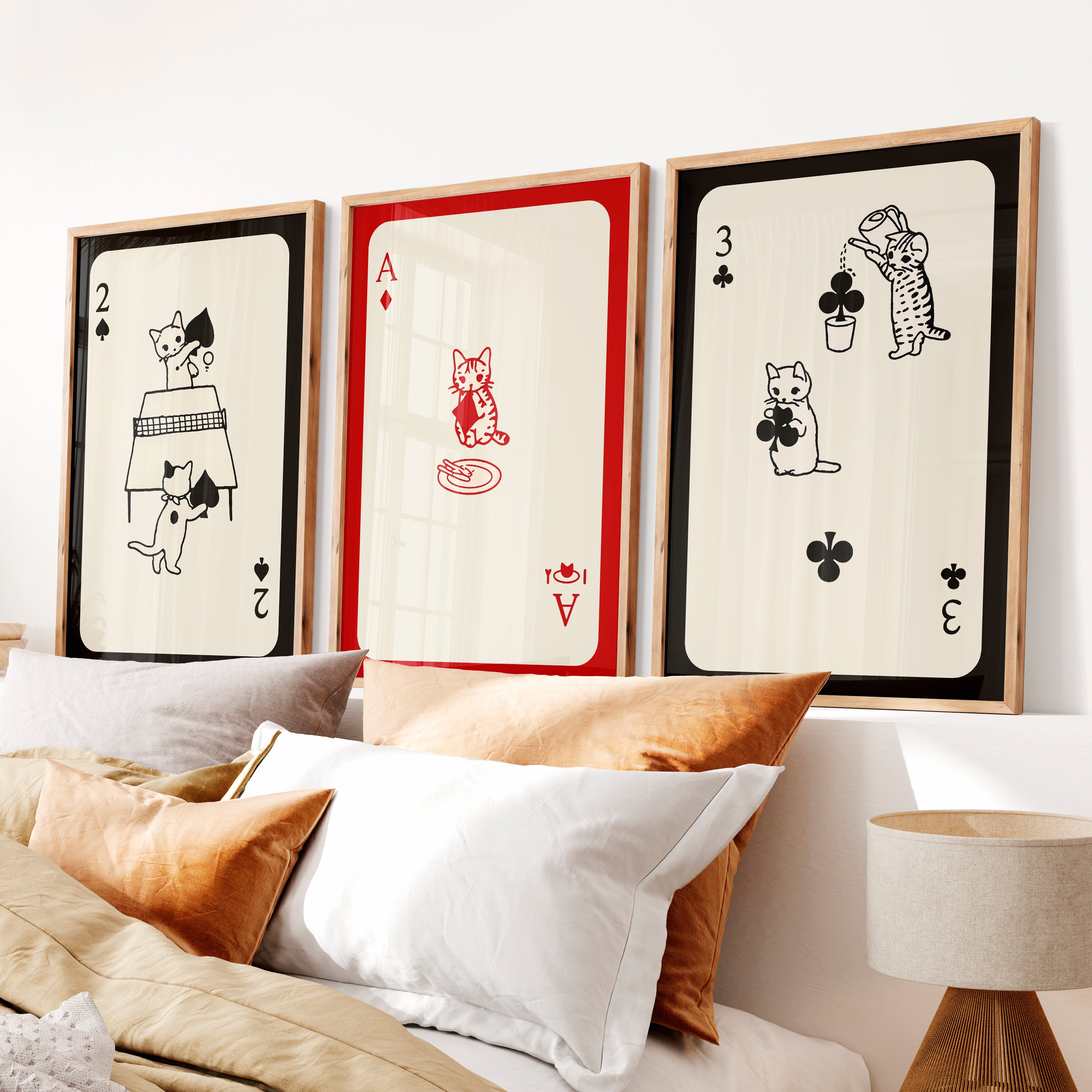 Poster Retro Vintage Cat Playing Cards - Natural Wood Framed Poster No Border - Artworksets
