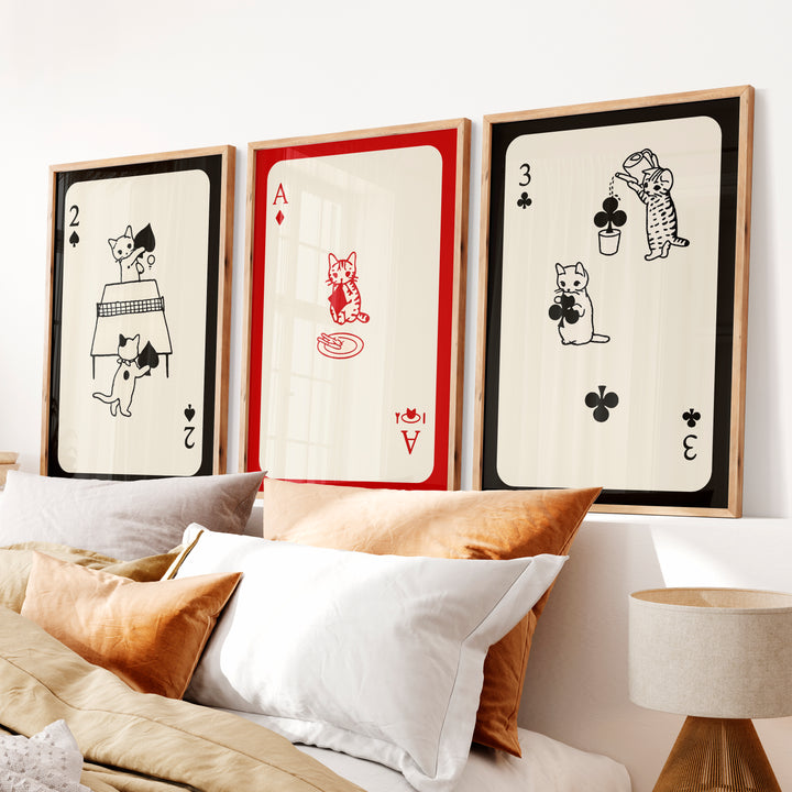 Poster Retro Vintage Cat Playing Cards - Natural Wood Framed Poster No Border - Artworksets