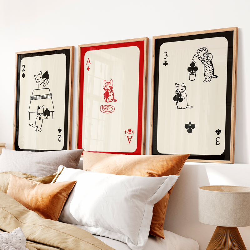 Poster Retro Vintage Cat Playing Cards - Natural Wood Framed Poster No Border - Artworksets