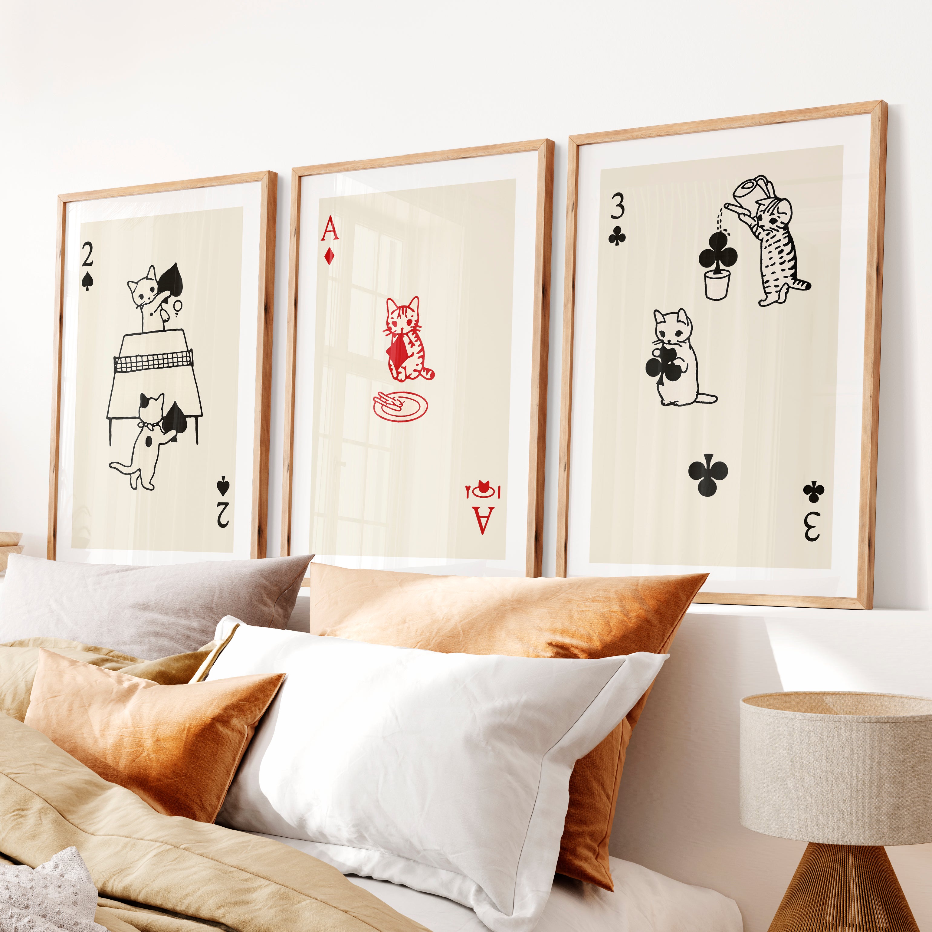 Poster Retro Vintage Cat Playing Cards- Natural Wood Framed Poster with White Border - Artworksets
