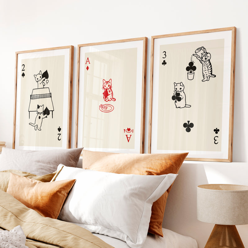 Poster Retro Vintage Cat Playing Cards- Natural Wood Framed Poster with White Border - Artworksets