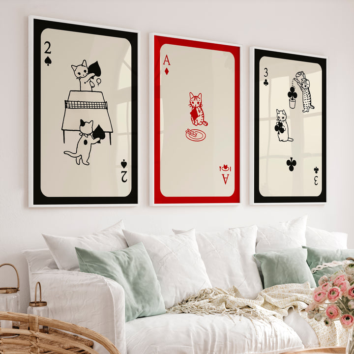 Poster Retro Vintage Cat Playing Cards - White Framed Poster No Border - Artworksets