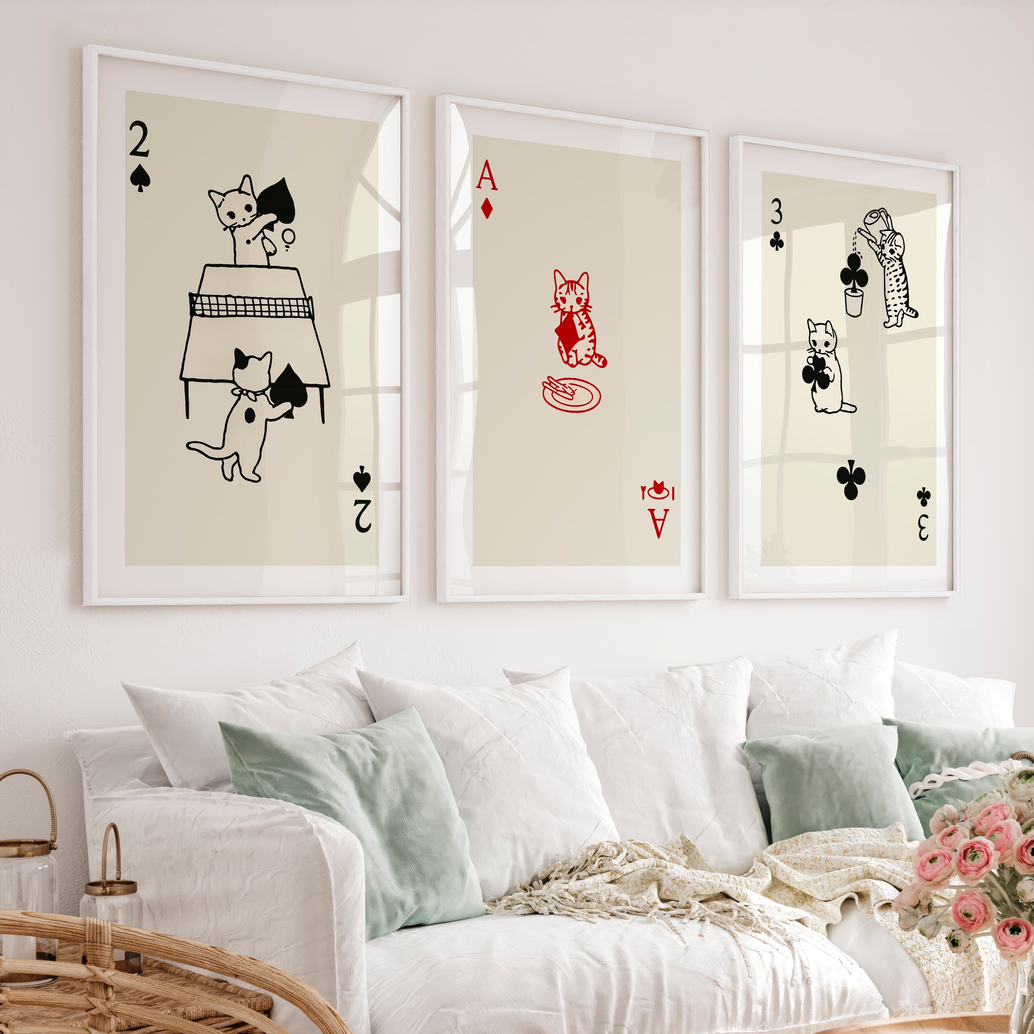 Poster Retro Vintage Cat Playing Cards - White Framed Poster with White Border - Artworksets