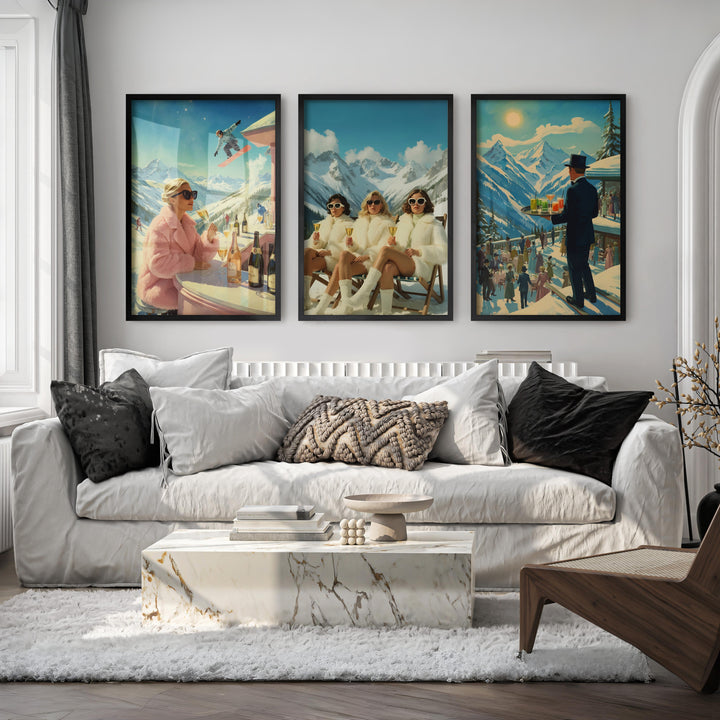 Vintage Ski Resort Wall Art Set of 3 – Retro Apres Ski Posters - Black Framed Poster No Border - Artworksets