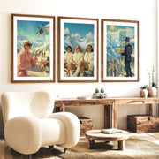 Vintage Ski Resort Wall Art Set of 3 – Retro Apres Ski Posters - Dark Brown Framed Poster with White Border - Artworksets