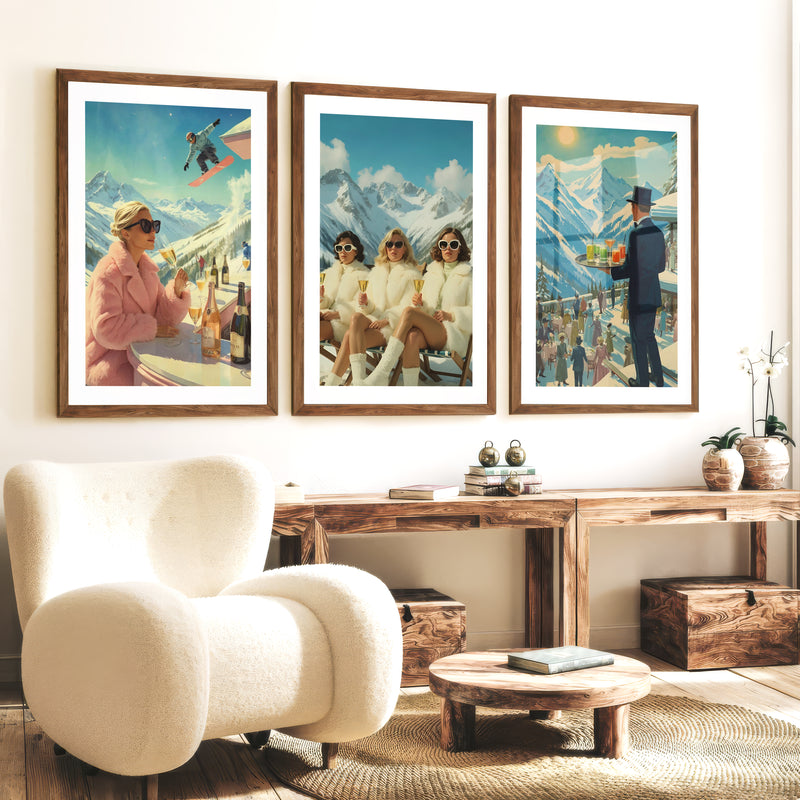 Vintage Ski Resort Wall Art Set of 3 – Retro Apres Ski Posters - Dark Brown Framed Poster with White Border - Artworksets
