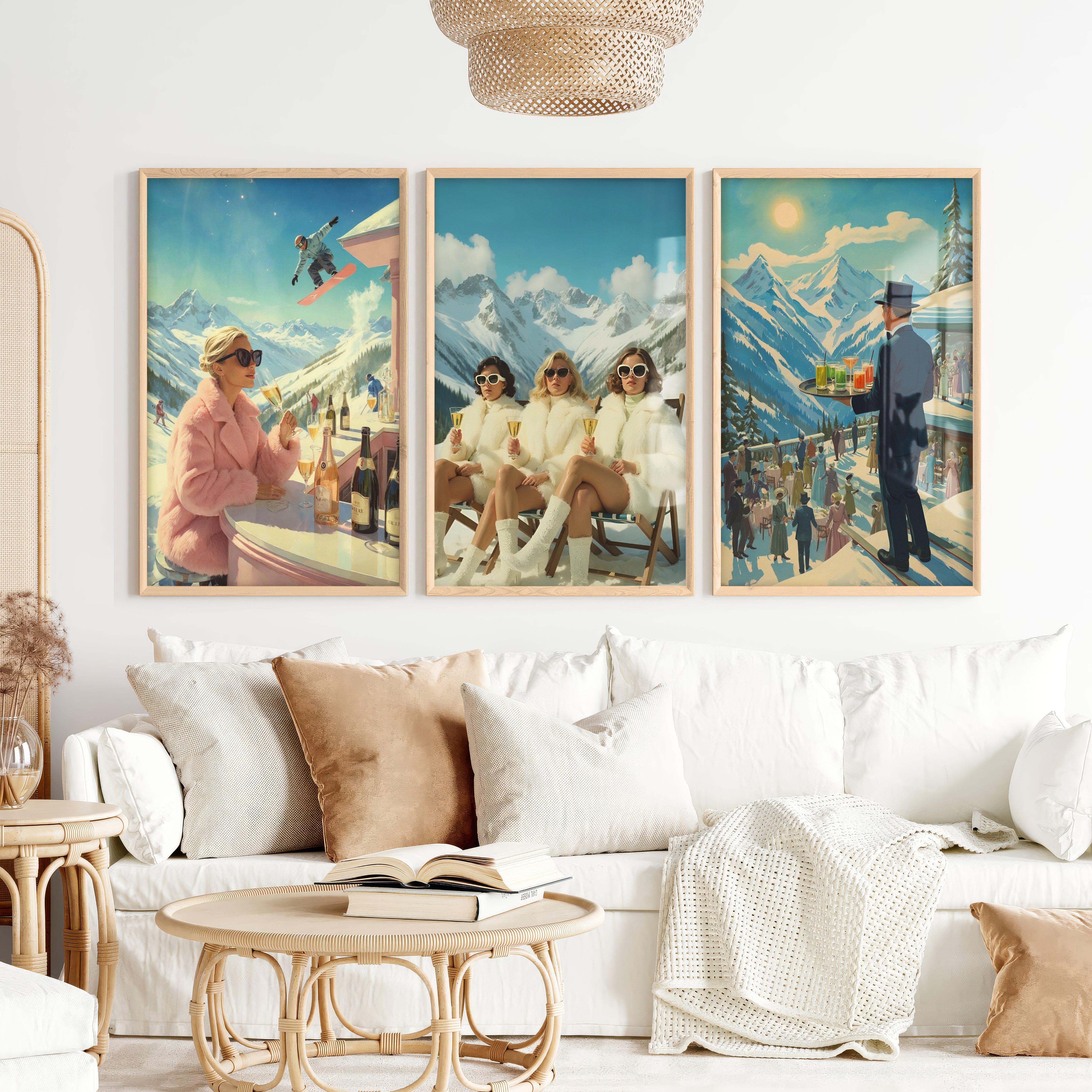Vintage Ski Resort Wall Art Set of 3 – Retro Apres Ski Posters - Natural Wood Framed Poster No Border - Artworksets