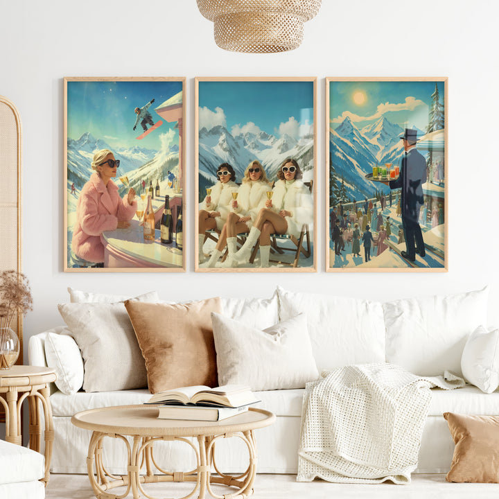 Vintage Ski Resort Wall Art Set of 3 – Retro Apres Ski Posters - Natural Wood Framed Poster No Border - Artworksets
