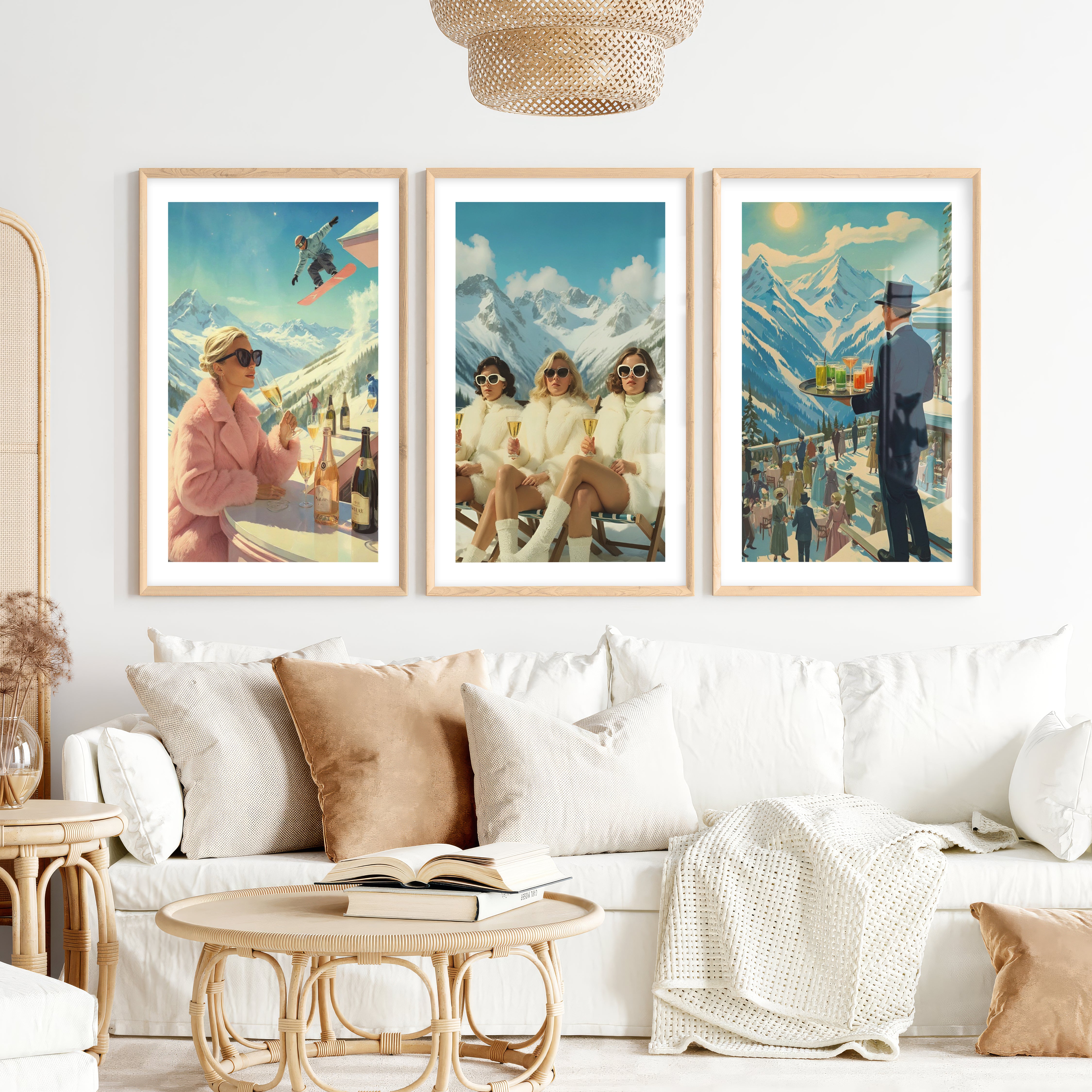 Vintage Ski Resort Wall Art Set of 3 – Retro Apres Ski Posters- Natural Wood Framed Poster with White Border - Artworksets