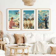 Vintage Ski Resort Wall Art Set of 3 – Retro Apres Ski Posters- Natural Wood Framed Poster with White Border - Artworksets