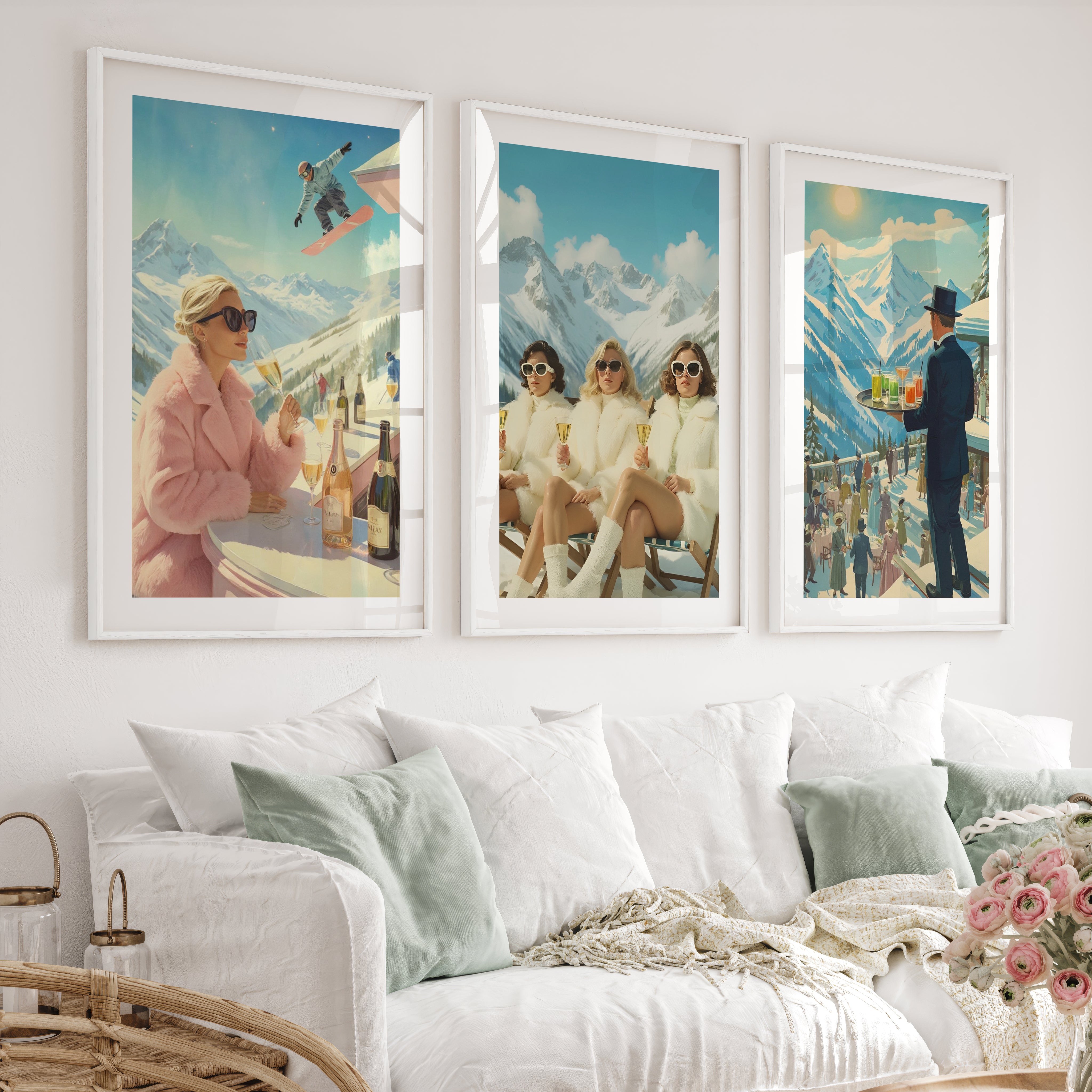 Vintage Ski Resort Wall Art Set of 3 – Retro Apres Ski Posters - White Framed Poster with White Border - Artworksets