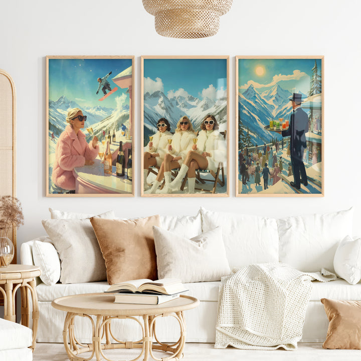 Vintage Ski Resort Wall Art Set of 3 – Retro Apres Ski Posters - Natural Wood Framed Poster No Border - Artworksets