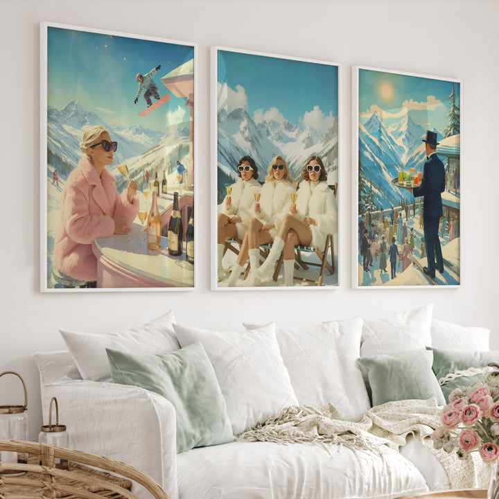 Vintage Ski Resort Wall Art Set of 3 – Retro Apres Ski Posters - White Framed Poster No Border - Artworksets