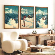 Poster Vintage Ski Set of 3 – Alpine Cabin Wall Art - Dark Brown Framed Poster No Border - Artworksets