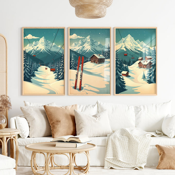 Poster Vintage Ski Set of 3 – Alpine Cabin Wall Art - Natural Wood Framed Poster No Border - Artworksets