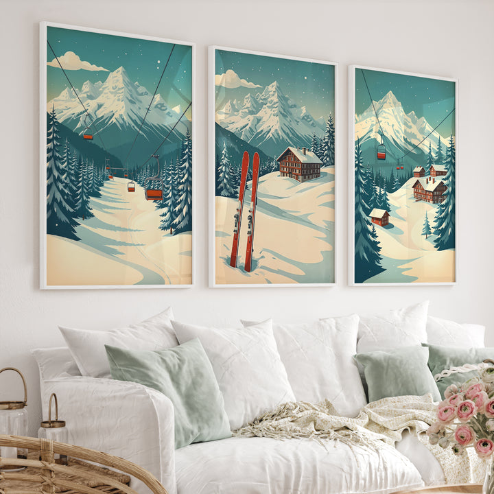 Poster Vintage Ski Set of 3 – Alpine Cabin Wall Art - White Framed Poster No Border - Artworksets