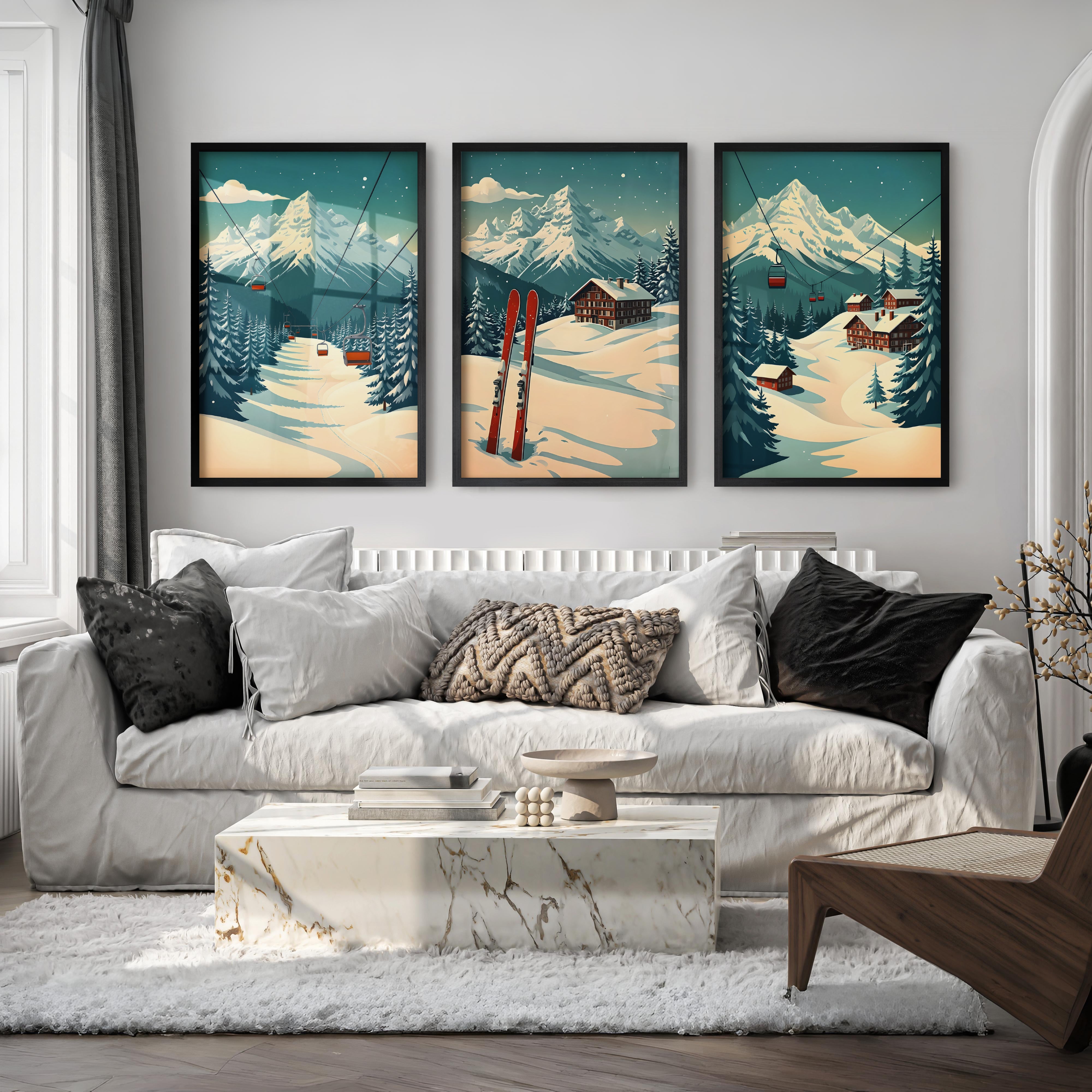 Poster Vintage Ski Set of 3 – Alpine Cabin Wall Art - Black Framed Poster No Border - Artworksets