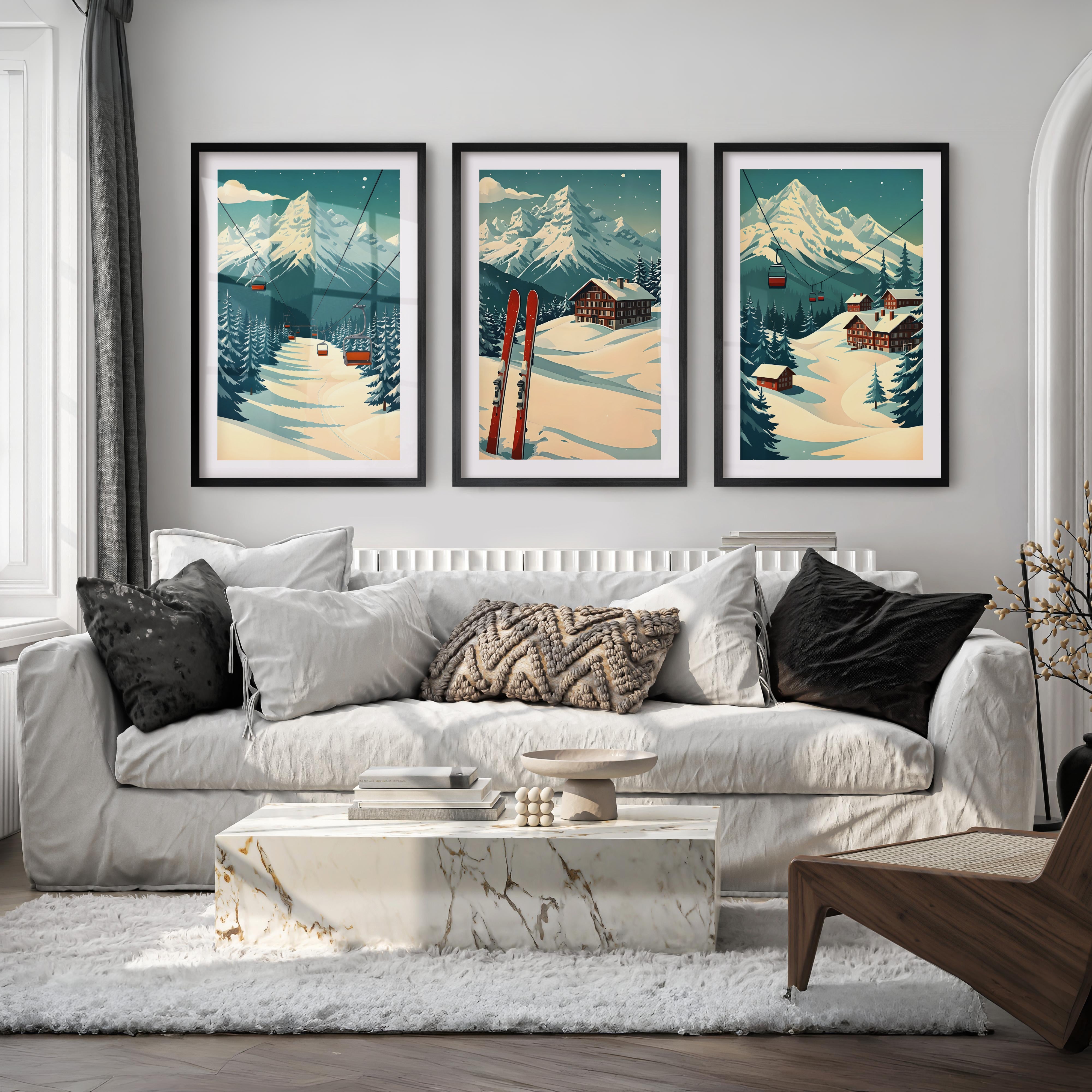 Poster Vintage Ski Set of 3 – Alpine Cabin Wall Art - Black Framed Poster with White Border - Artworksets