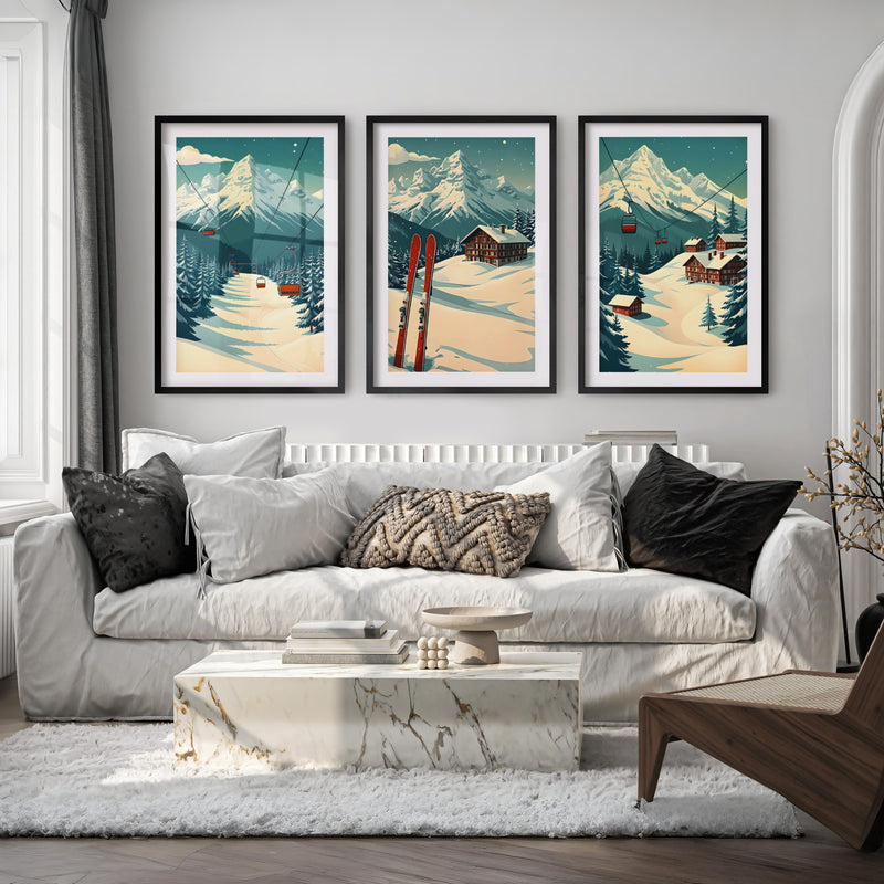 Poster Vintage Ski Set of 3 – Alpine Cabin Wall Art - Black Framed Poster with White Border - Artworksets