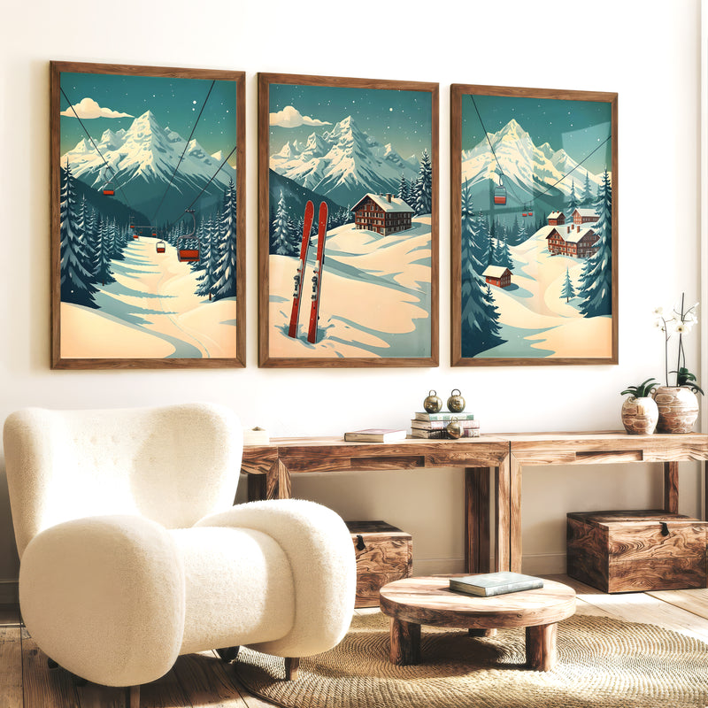 Poster Vintage Ski Set of 3 – Alpine Cabin Wall Art - Dark Brown Framed Poster No Border - Artworksets