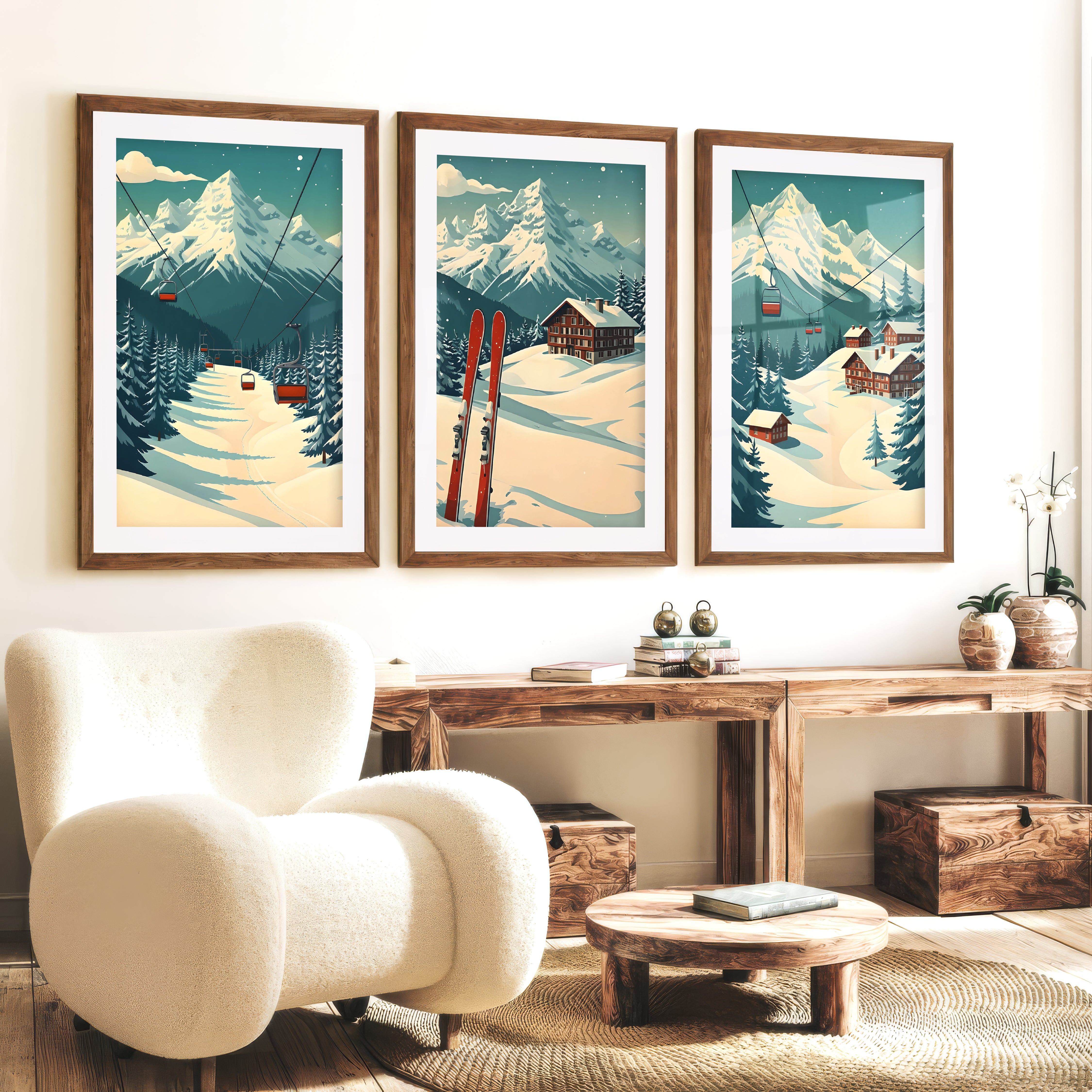 Poster Vintage Ski Set of 3 – Alpine Cabin Wall Art - Dark Brown Framed Poster with White Border - Artworksets