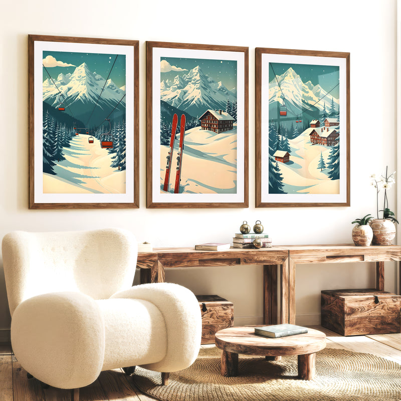 Poster Vintage Ski Set of 3 – Alpine Cabin Wall Art - Dark Brown Framed Poster with White Border - Artworksets