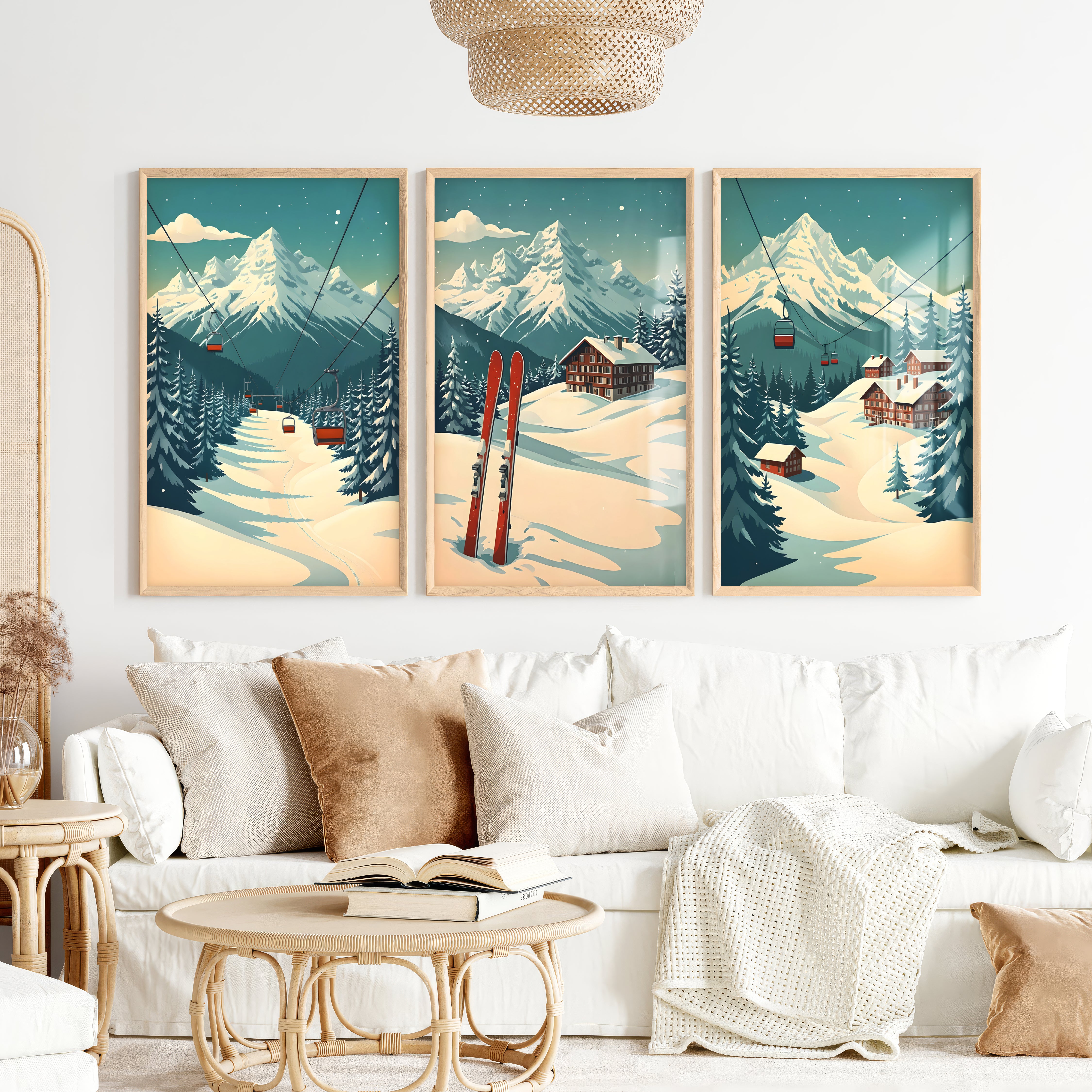 Poster Vintage Ski Set of 3 – Alpine Cabin Wall Art - Natural Wood Framed Poster No Border - Artworksets