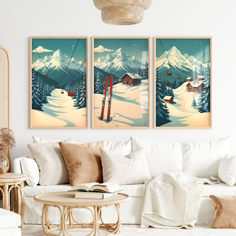 Poster Vintage Ski Set of 3 – Alpine Cabin Wall Art - Natural Wood Framed Poster No Border - Artworksets